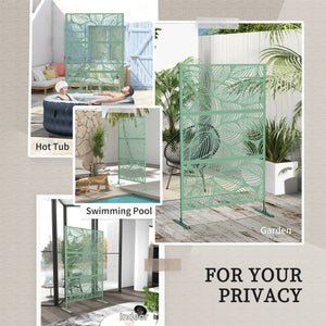 Decorative outdoor metal screen with stand, leaf pattern, light green