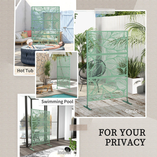 Decorative outdoor metal screen with stand, leaf pattern, light green
