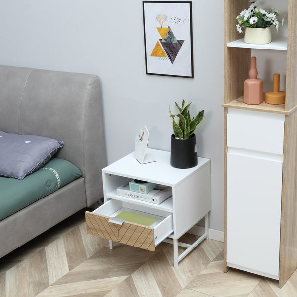Modern bedside table with drawer and storage shelf, white and oak
