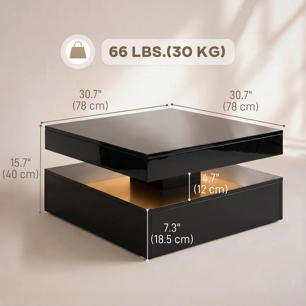 LED Coffee Table with 2-Tier Storage with Open Shelf and Remote Control for Living Room, High Gloss Black