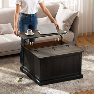 Coffee table with lift-top and charging station in country style, black wood look.