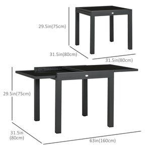 Extendable garden table with aluminum frame and tempered glass top, black