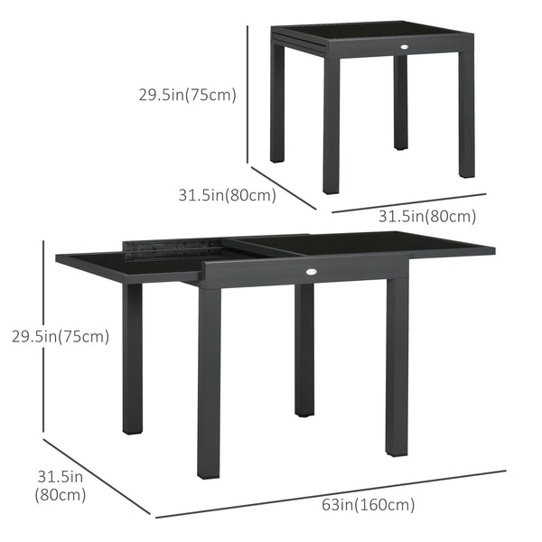 Extendable garden table with aluminum frame and tempered glass top, black