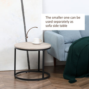 Set of 2 round coffee tables with metal frame, gray wood grain