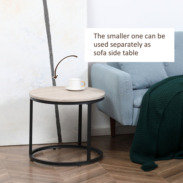 Set of 2 round coffee tables with metal frame, gray wood grain