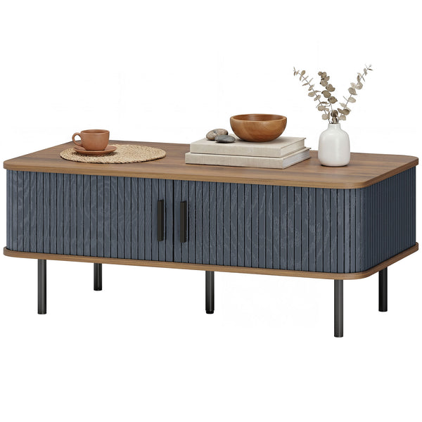 Coffee table with storage and fluted sliding doors – Black and walnut