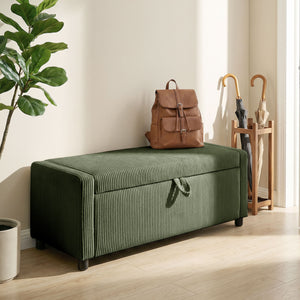 Corduroy Storage Ottoman with Thick Padding, Bedroom Storage Bench, Dark Green