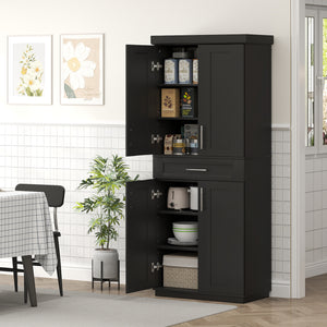 72-inch Pantry with 4 Doors, Drawer and 3 Adjustable Shelves, Black