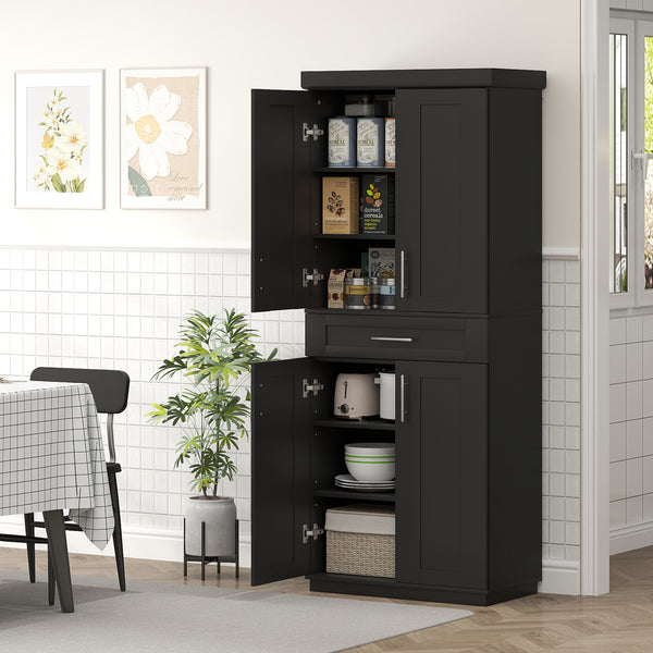 72-inch Pantry with 4 Doors, Drawer and 3 Adjustable Shelves, Black