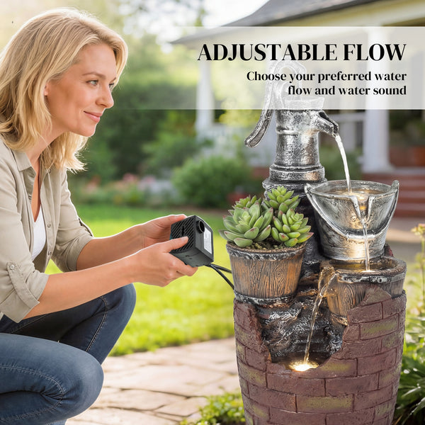 4-Tier Outdoor Fountain with Planter, Waterfall and LED Lighting, Rustic Brown and Grey.