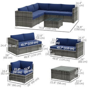 4 Piece Wicker Rattan Living Room Set with Corner Sofa, Loveseats and Coffee Table Cushions, Navy Blue