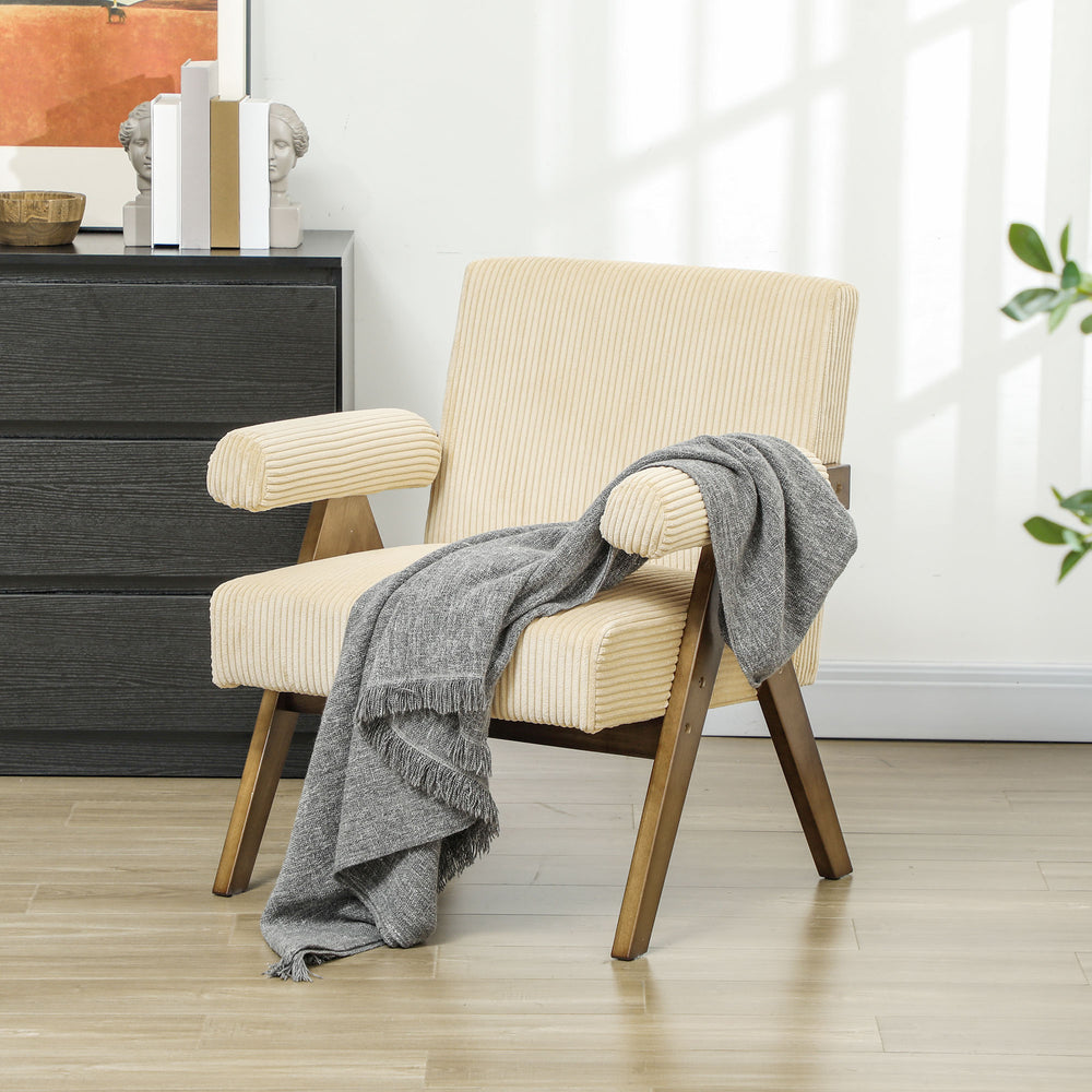 Corduroy accent chair with wide seat and padded armrests, beige