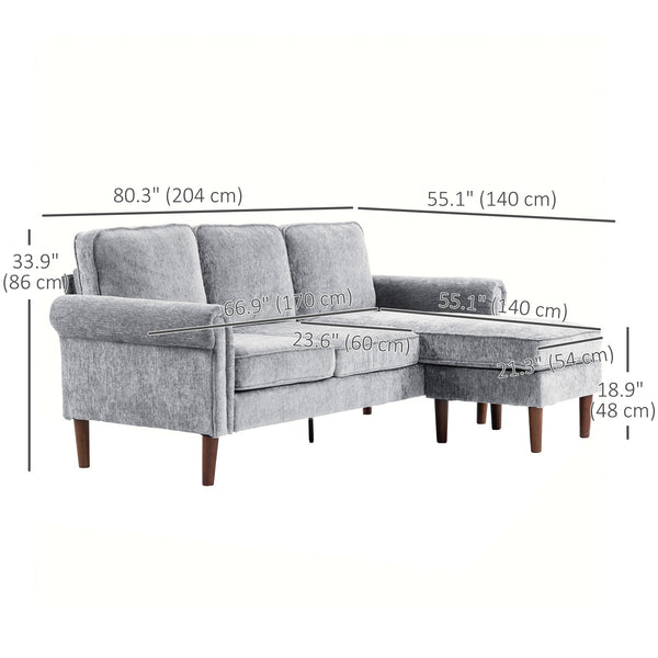 Modern corner sofa with removable chaise longue, wooden legs, gray