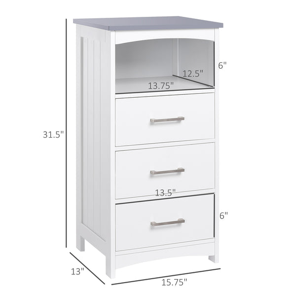 Bathroom storage unit with 3 drawers and open compartment, white