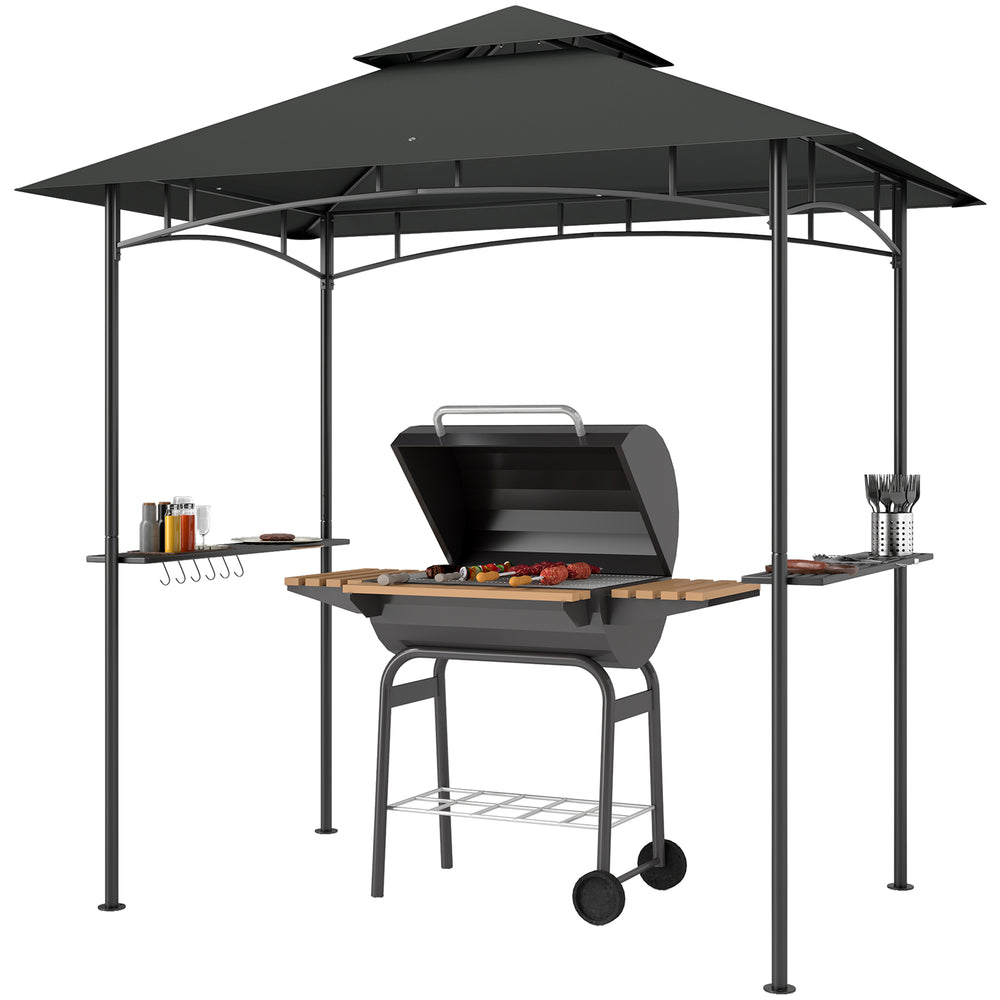 8' x 5' Outdoor Grill Gazebo, Double Tiered Barbecue Grill Gazebo Shelter with 2 Side Shelves, Hooks, Dark Grey