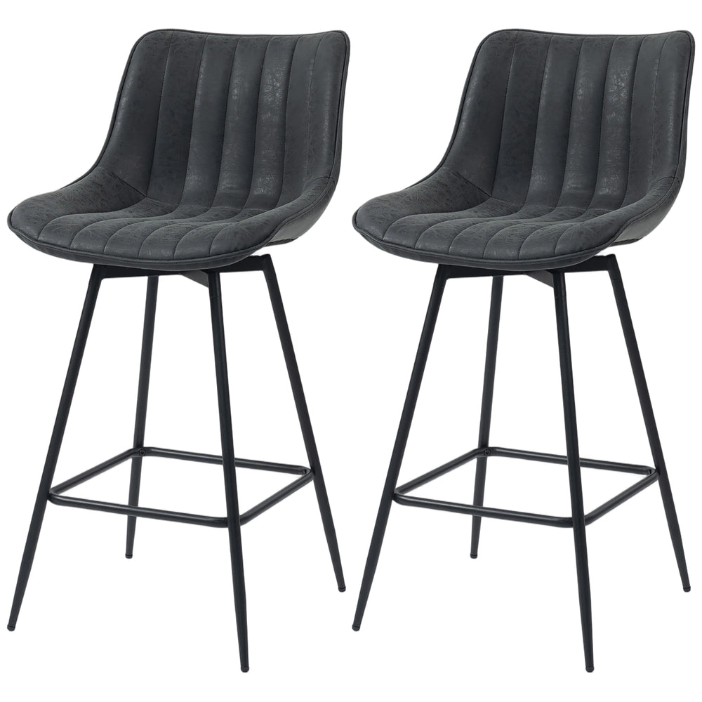 Set of 2 counter-height bar stools, upholstered in PU leather, with backrest, footrest and steel legs, black