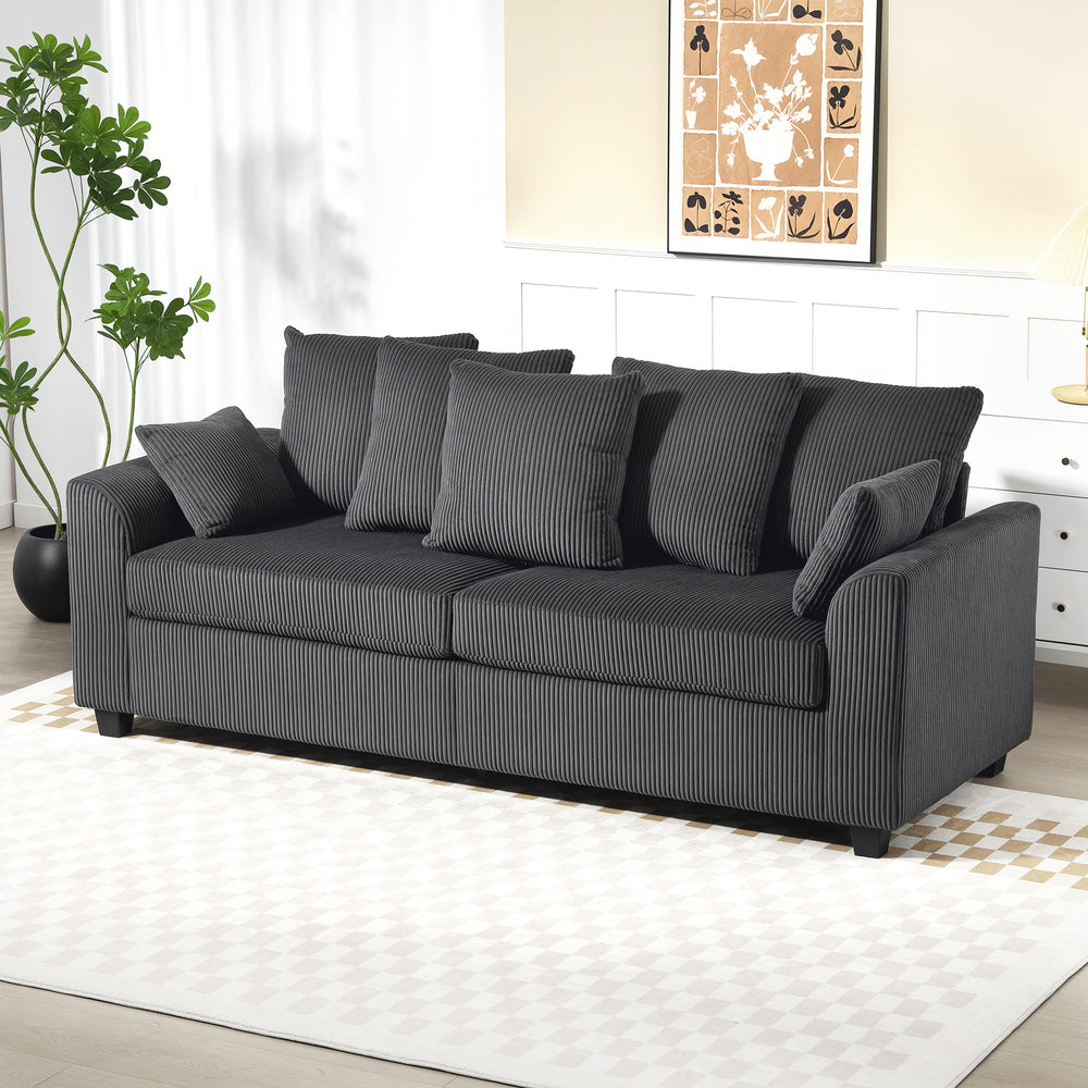 3-seater corduroy sofa with curved armrests and 8 removable cushions, dark grey