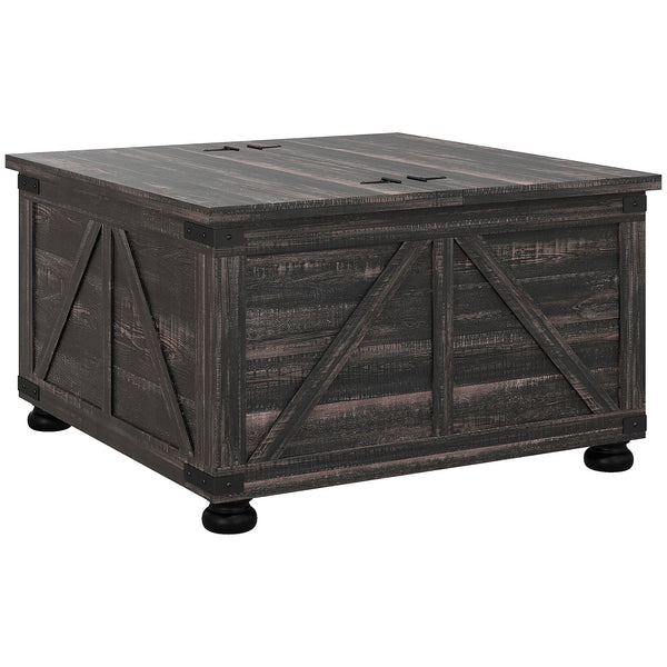 Farmhouse style coffee table with hinged lids, distressed brown