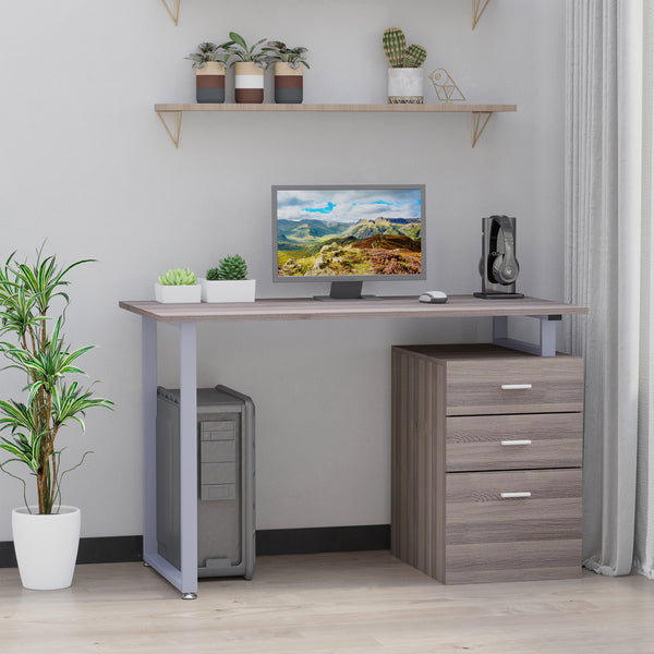 Computer desk with reversible multi-purpose filing drawers, dark wood look