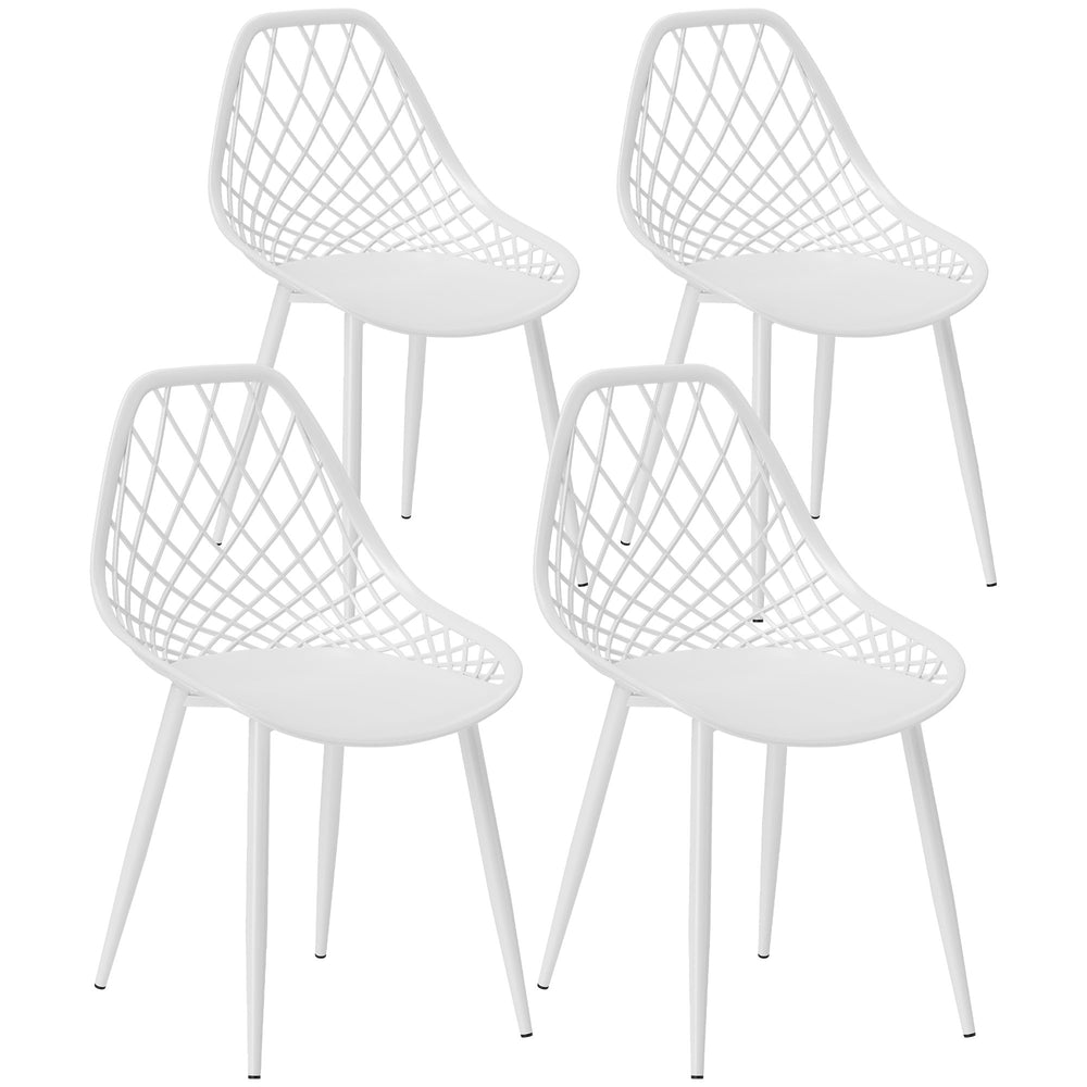 Set of 4 modern plastic dining chairs with hollow back and metal legs, white