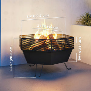 Outdoor Fire Pit 50 cm with Poker and Lid, Portable Fire Pit, Black
