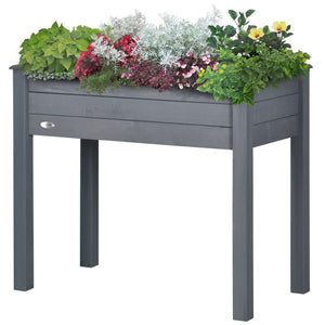 Raised wooden planter with legs, drainage holes and inner bag, dark grey