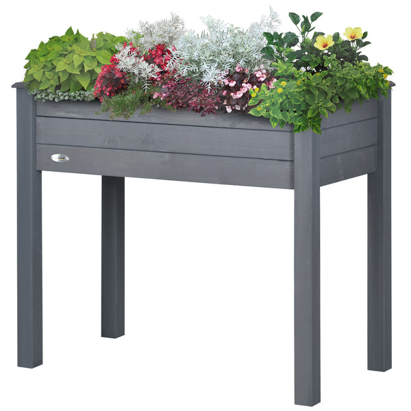 Raised wooden planter with legs, drainage holes and inner bag, dark grey