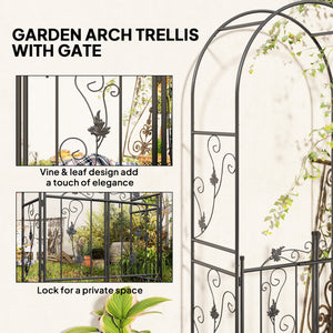 7ft Steel Garden Arch with Gate, Trellis for Climbing Plants, Roses, Vines, Wedding Arch for Outdoor, Garden, Lawn, Backyard, Black