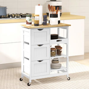 Kitchen trolley on castors with wooden top, 3 drawers and shelves, white