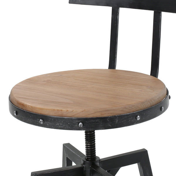 Adjustable metal bar stool with wooden seat, 360° swivel, antique black