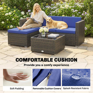 3-piece patio furniture set with cushions, woven PE rattan with glass coffee table