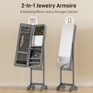 Standing Jewelry Cabinet with Mirror and Adjustable Angle LED, Gray