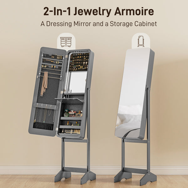 Standing Jewelry Cabinet with Mirror and Adjustable Angle LED, Gray