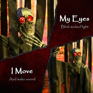 Skeleton reaper suspended in a cage, voice-activated accessory with flashing eyes