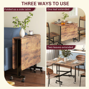 Folding drop-leaf dining table on casters for 6 people – Rustic brown and black