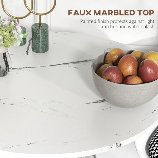 Round dining table with imitation marble top, steel base, white