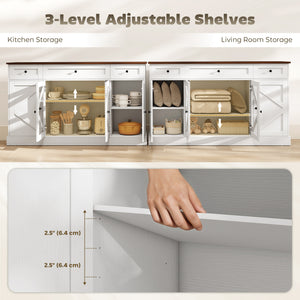 Buffet Sideboard, 54" Farmhouse Kitchen Storage Cabinet with Acrylic Barn Doors and 3 Drawers, White Wood Grain