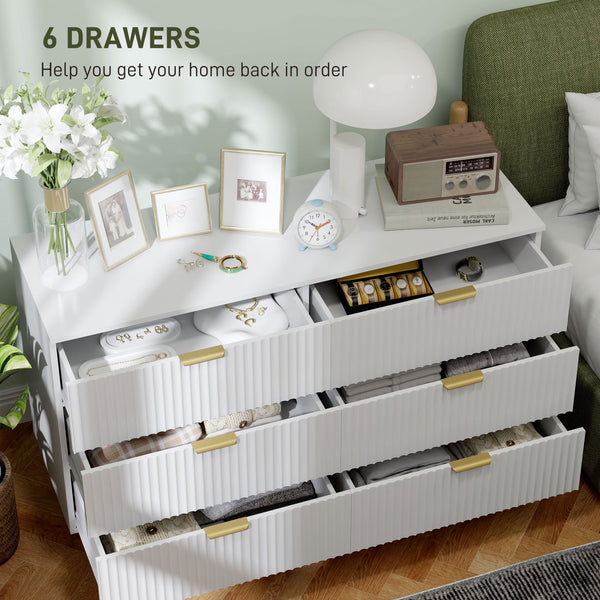 Modern 6 Drawer Bedroom Dresser with Gold Legs and Handles, White