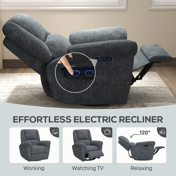 Electric reclining chair, fabric upholstery, USB ports, swivel and rocking function, footrest, dark grey