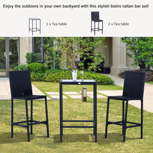 3 Piece Wicker Rattan Garden Bar Set, Bar Stool and Table for Patio, Black