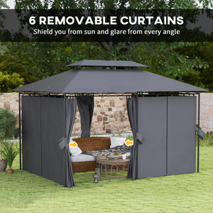 10' x 13' Outdoor Gazebo with Curtains and Solar Powered LED Lights, Double Roof Patio Shelter