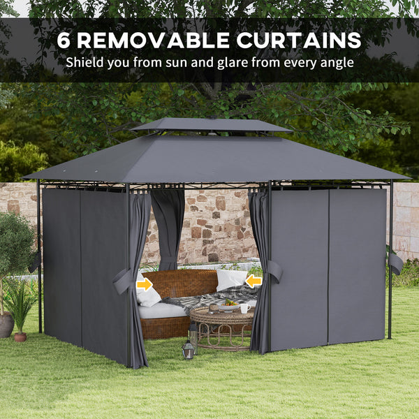 10' x 13' Outdoor Gazebo with Curtains and Solar Powered LED Lights, Double Roof Patio Shelter