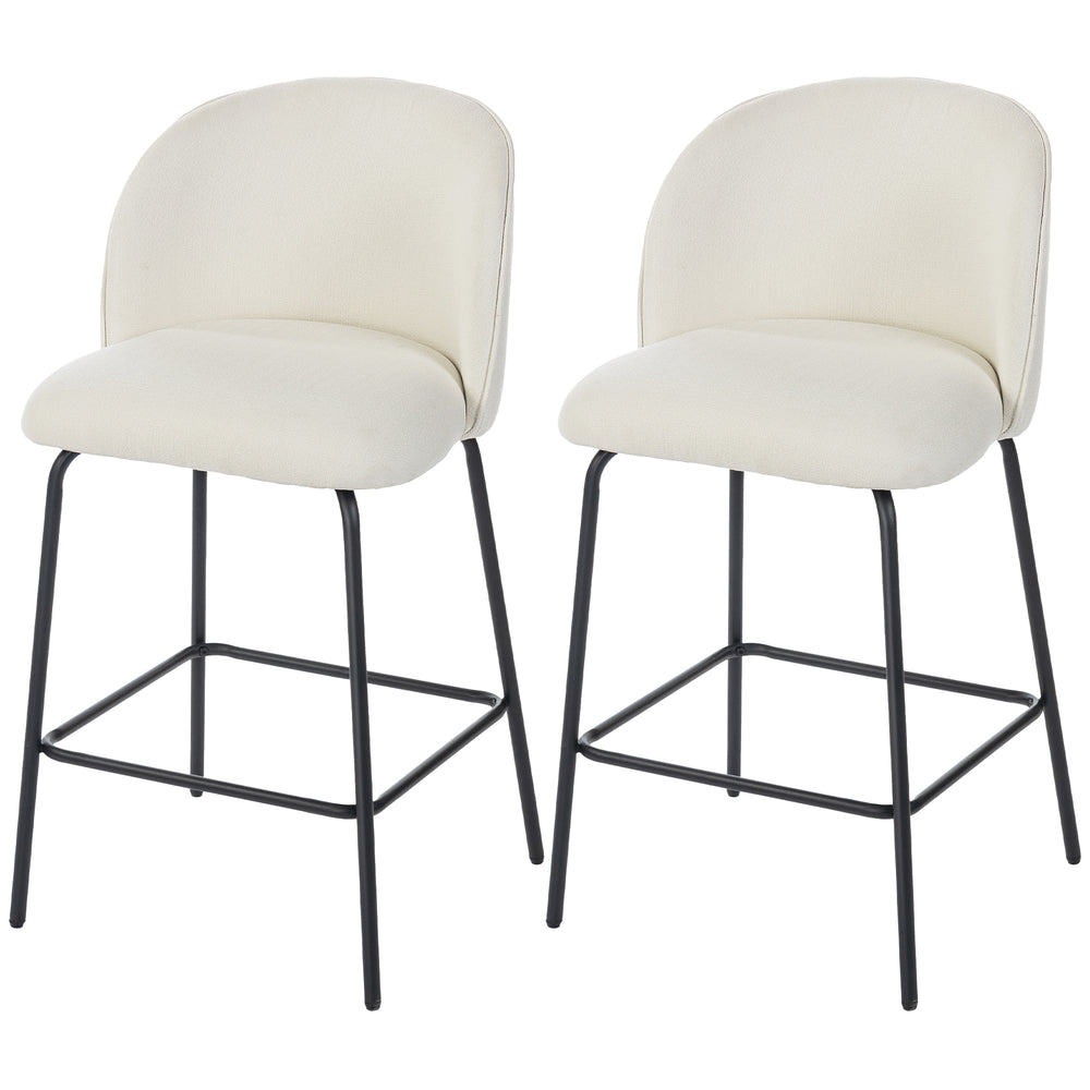 Set of 2 counter-height bar stools upholstered in linen with backrest, footrest and steel legs, cream white