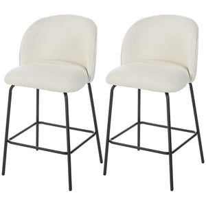 Set of 2 counter-height bar stools upholstered in linen with backrest, footrest and steel legs, cream white