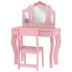 Dressing table with removable tri-fold mirror and drawer, pink