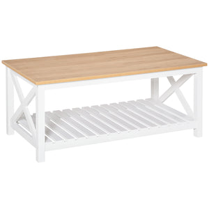 Country style coffee table with slatted lower shelf, natural white