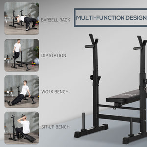 Adjustable, foldable weight bench with dumbbell rack and dip station, black.