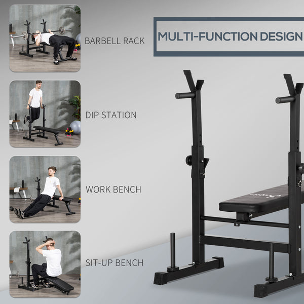 Adjustable, foldable weight bench with dumbbell rack and dip station, black.