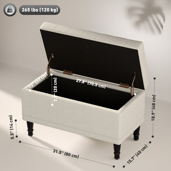 Linen fabric storage pouf with button tufting, beige