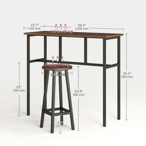 Bar set for 4 people, 2 breakfast tables and 4 stools, rustic brown.